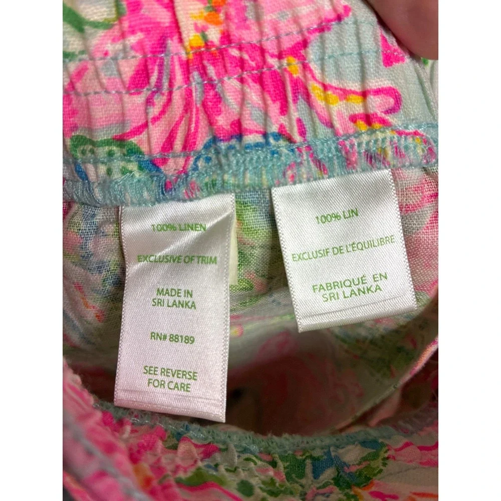 Lilly Pulitzer XXS Pink Green Floral Linen Pull On Shorts Elastic Waist 3 Inseam
